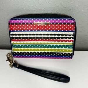 Stella & Dot Wallet Chelsea Tech Rainbow Polka Dot Striped Wristlet Zip Around
